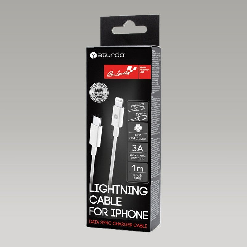 STURDO® Datenkabel Type C - MFi Lightning,  3A, 20W, 1M - WEISS